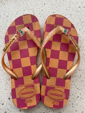 Havaianas Pink & Orange Checkerboard Flip Flops with Glitter Straps
